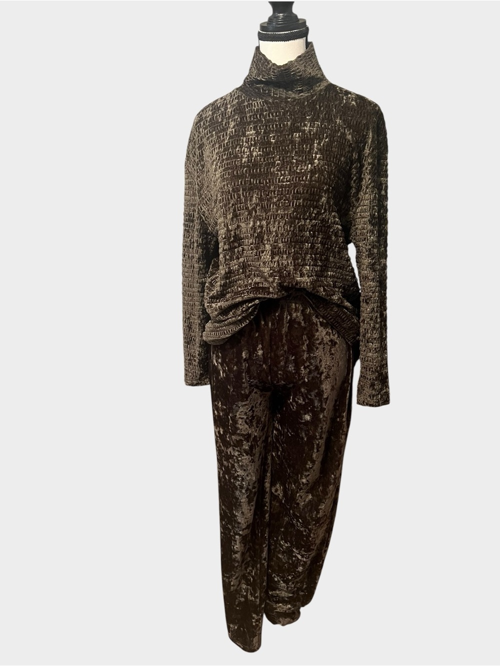 Vintage 90s Chrysantheme Olive Crushed Velvet 2 Piece Pants Set Small